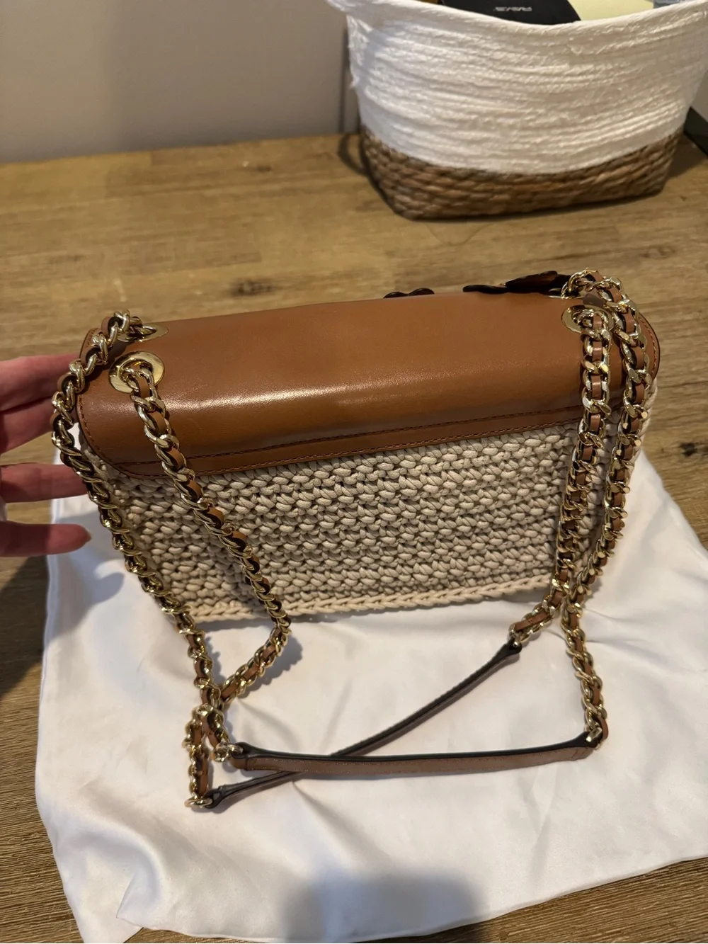 Michael Kors Brown Leather Floral Flap with Cream Crochet Shoulder Bag - Picture 6 of 8